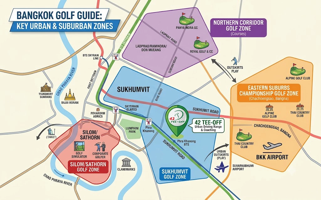 Bangkok golf map, key areas and zones for golf in the city