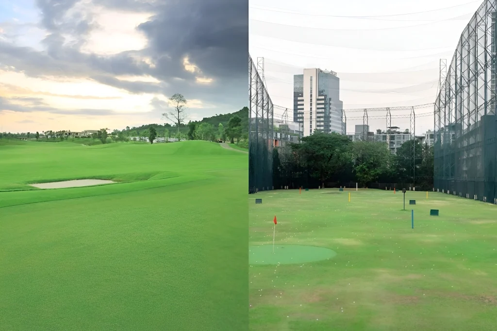 Modern urban golf facility and driving range in the heart of Bangkok.