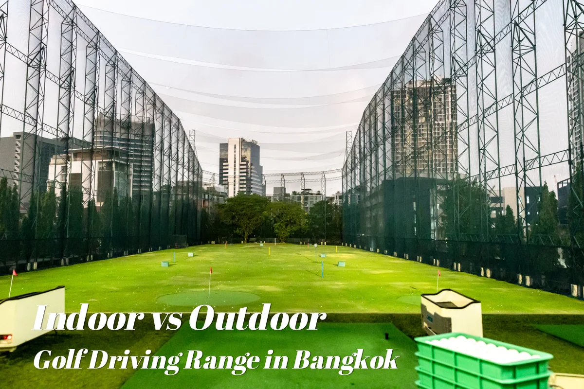 Indoor golf driving range Bangkok facility with covered bays for all-weather practice.