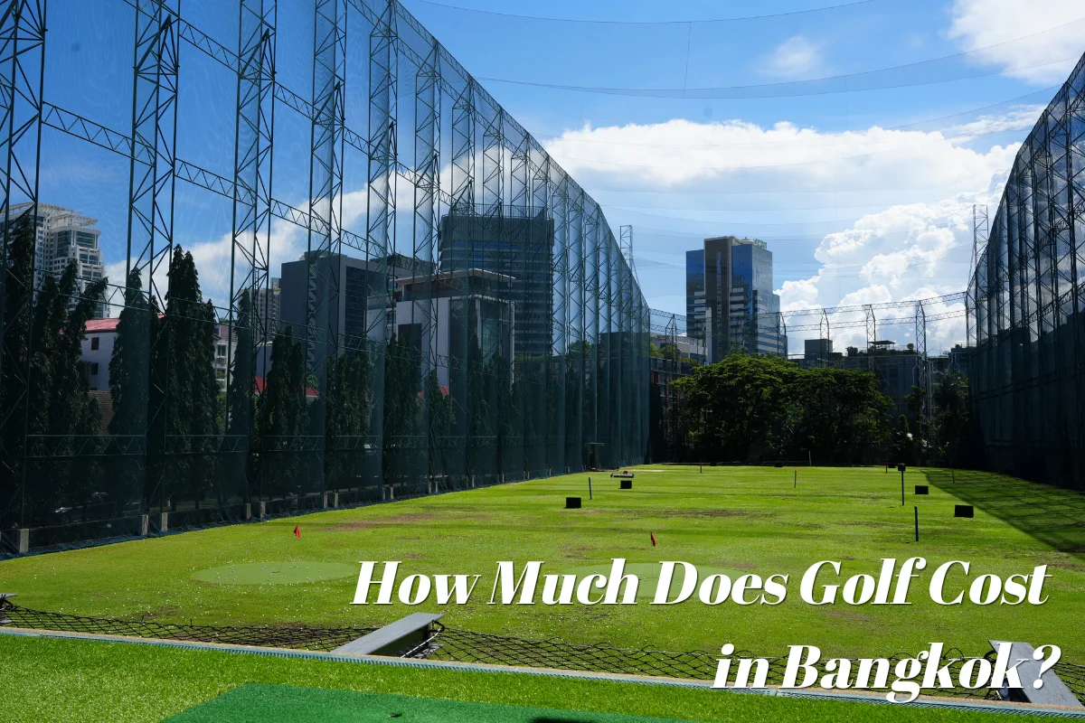 Affordable golf cost in Bangkok is showcased by an open-air driving range facility with green targets.